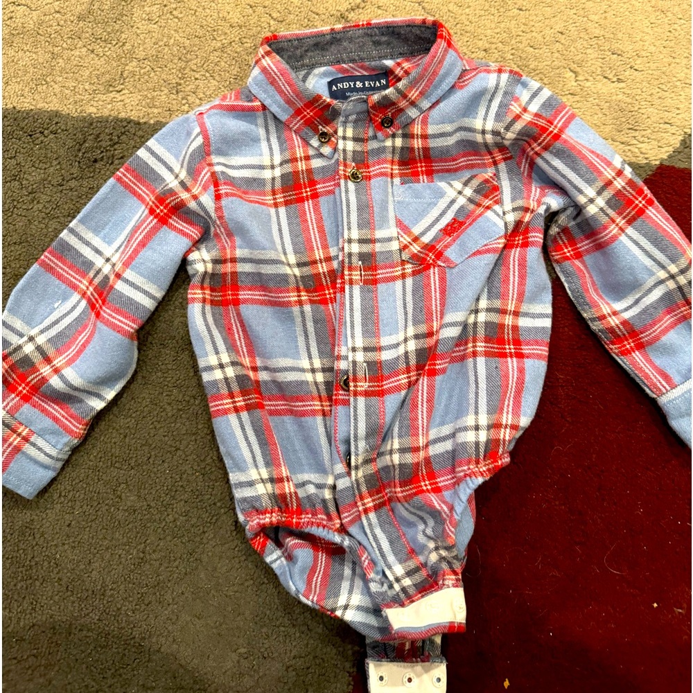 Andy and Evan button down flannel onesie
